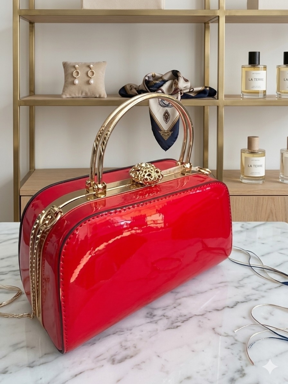 Red Patent Top-Handle Women's Bag with Gold Hardware